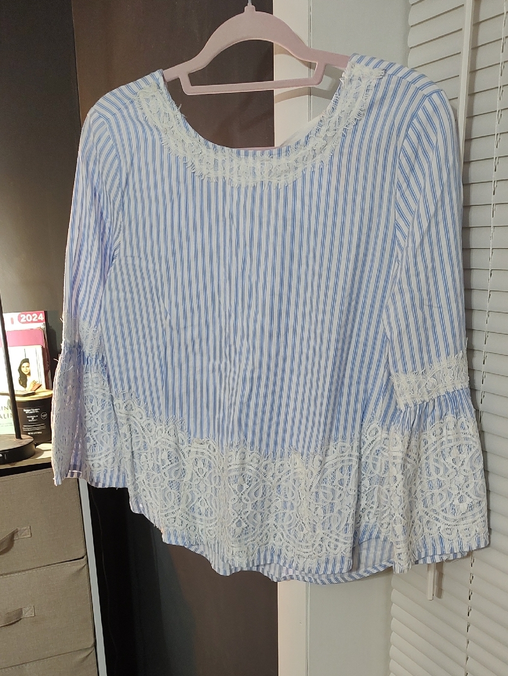 Light Blue & White Striped Lace-Trim Peasant Blouse